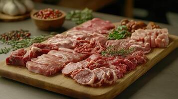 Freshly Cut Meats Arranged Neatly on a Wooden Board Surrounded by Herbs and Spices in a Rustic Kitchen Setting photo