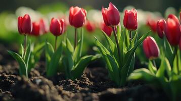 Vibrant Red Tulips Blooming in a Lush Garden During Early Spring Sunshine photo