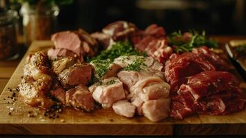 A Variety of Freshly Prepared Meats Displayed on a Wooden Cutting Board in a Rustic Kitchen Setting photo