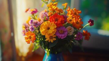 Vibrant Mixed Flower Bouquet Displayed in a Blue Vase on a Sunlit Windowsill photo