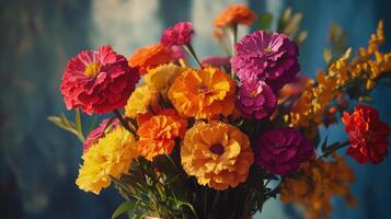 Vibrant Bouquet of Mixed Flowers Displayed Against a Colorful Background in a Bright Indoor Setting photo