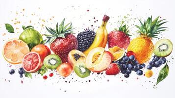 Vibrant Display of Fresh Fruits Including Berries, Citrus, and Tropical Varieties on White Background photo