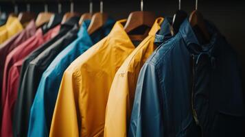 Vibrant Rain Jackets Hanging Neatly in a Stylish Clothing Store During Autumn Season photo