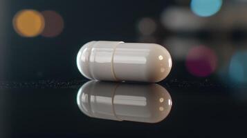 A Close-Up View of a White Capsule on a Reflective Surface With Soft Colorful Lights in the Background photo