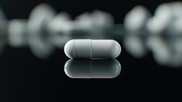 Close-Up of a Single White Capsule on a Reflective Surface With Blurred Background During Early Evening photo