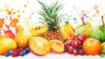 Vibrant Assortment of Fresh Fruits on Display With Colorful Splashes in Artistic Setting photo
