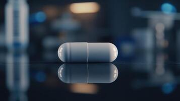 White Capsule Resting on Polished Surface in Laboratory Setting Under Bright Lighting photo