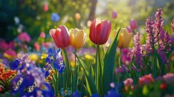 Vibrant Spring Garden Blooming With Colorful Tulips and Wildflowers in Sunshine photo