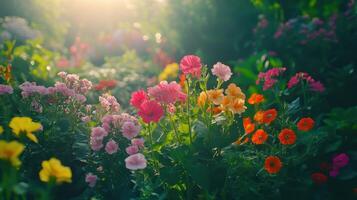vistoso flor jardín floraciones debajo suave Mañana ligero en primavera paisaje foto