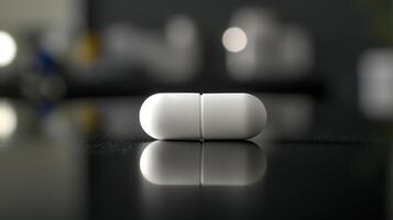 Close-Up Of Two White Capsules On A Reflective Black Surface In A Studio Setting With Blurred Backgrounds photo