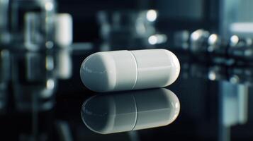 White Capsule Resting on a Reflective Surface in a Modern Laboratory During a Quiet Moment photo