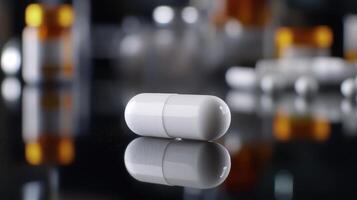 Close-Up View Of A White Capsule On A Reflective Surface With Prescription Bottles In The Background At A Pharmacy photo