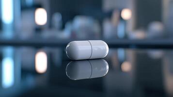 White Capsule on Glossy Surface With Soft Light Reflection in Modern Interior Setting photo