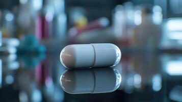A Close-Up View Of A White Capsule On A Reflective Surface In A Pharmacy Setting photo