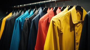 Colorful Collection of Shirts Hanging on a Rack in a Boutique During Evening Hours photo