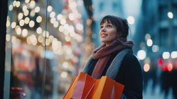 Holiday Shopping in a Bustling City Storefront During the Evening Hours photo
