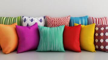 Colorful Decorative Cushions Arranged Neatly on a Sofa in a Bright Living Room Setting photo