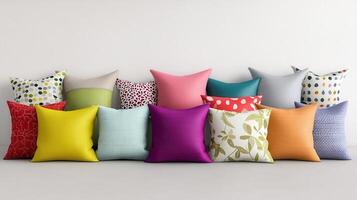 Brightly Colored Decorative Pillows Arranged Symmetrically on a Neutral Wall Background photo