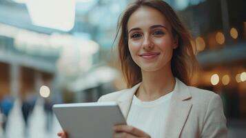 Young Woman Smiling While Holding Tablet Outside Modern Building in City photo