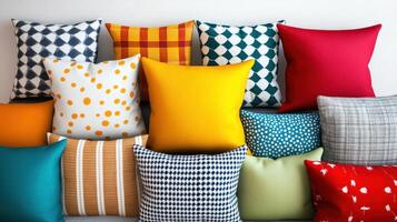 Brightly Colored Decorative Pillows Arranged Aesthetically on a Couch in a Cozy Living Room photo