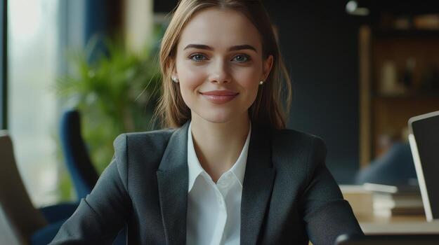 Professional Young Woman Smiling While Working in Modern Office Setting During Daytime Hours photo