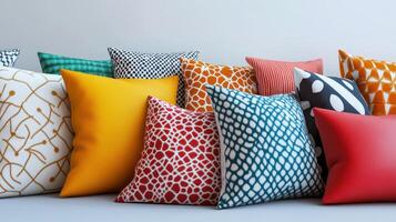 Colorful Decorative Pillows Arranged Neatly on a Modern Couch in a Bright Living Room photo