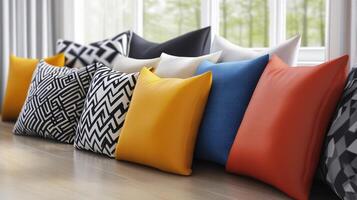 Decorative Cushions Arranged on a Wooden Floor With Natural Light Streaming In photo
