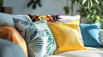Colorful Decorative Cushions on a Modern Sofa in a Bright Living Room Setting photo