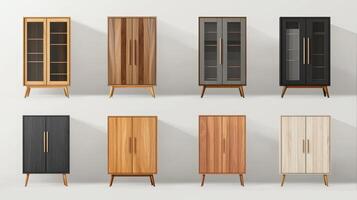 Stylish Wooden Cabinets Displayed in Various Finishes and Designs in a Minimalist Interior Setting photo