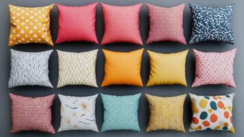Collection of Decorative Cushions With Various Patterns in Bright Colors Arranged on a Soft Surface photo