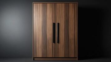 Elegant Wooden Wardrobe With Black Handles Displayed Against a Dark Background photo