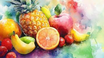 Vibrant Watercolor Still Life Featuring Pineapple, Apples, Bananas, and Citrus Fruits on Colorful Background photo
