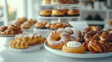 Assorted Freshly Baked Pastries Displayed on Elegant Stands at a Cozy Bakery During Early Morning Hours photo
