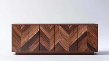 Elegant Wooden Cabinet With Chevron Pattern Displayed in Minimalist Studio Environment photo