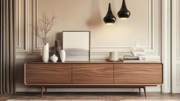 Elegant Wooden Sideboard Displaying Minimalist Home Decor in a Modern Living Room photo