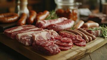 Freshly Prepared Assortment of Meats on a Wooden Cutting Board in a Rustic Kitchen Setting photo