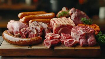 Various Cuts of Fresh Meat Arranged on a Wooden Platter for a Barbecue Preparation photo