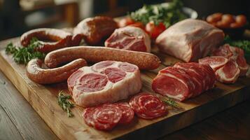 Assorted Cuts of Meat Prepared for Cooking on Wooden Cutting Board With Fresh Vegetables and Herbs photo