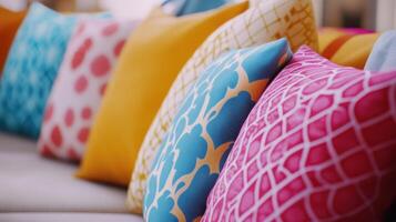 Colorful Decorative Pillows Displayed on a Couch in a Bright Sunlit Living Room photo