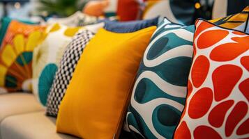 Colorful Decorative Cushions Arranged Neatly on a Sofa in a Bright Living Room Setting photo