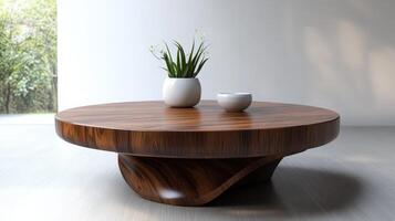Elegant Round Wooden Coffee Table With Minimalist Decor In Bright Modern Living Room photo