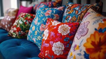 A Vibrant Collection Of Decorative Pillows On A Cozy Sofa In A Bright Living Room photo