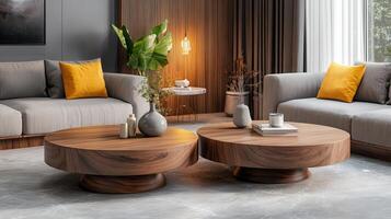 Modern Living Room Design With Elegant Wooden Coffee Tables and Cozy Seating Area photo