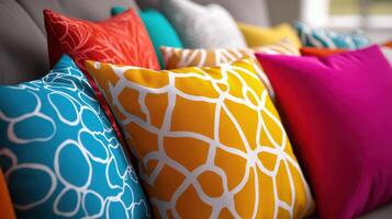 Colorful Decorative Cushions Arranged on a Couch in a Bright Living Room During Daylight Hours photo