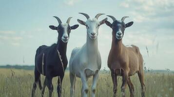 Three Playful Goats Grazing Together on a Vibrant Meadow Under a Clear Sky photo