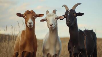 Three Goats Stand Together in a Field Under a Clear Sky During Golden Hour photo
