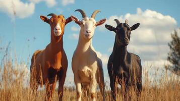 Three Playful Goats Standing Together Among Tall Grass Under a Bright Blue Sky in a Sunny Field photo