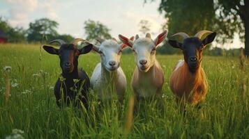 Four Playful Goats Grazing in a Lush Green Meadow During Golden Hour photo