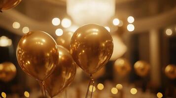 Elegant Golden Balloons Decorate a Luxurious Event Venue During a Celebration at Night photo