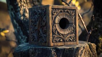 Ornately Carved Wooden Box Displayed on a Stump Surrounded by Nature During Golden Hour photo
